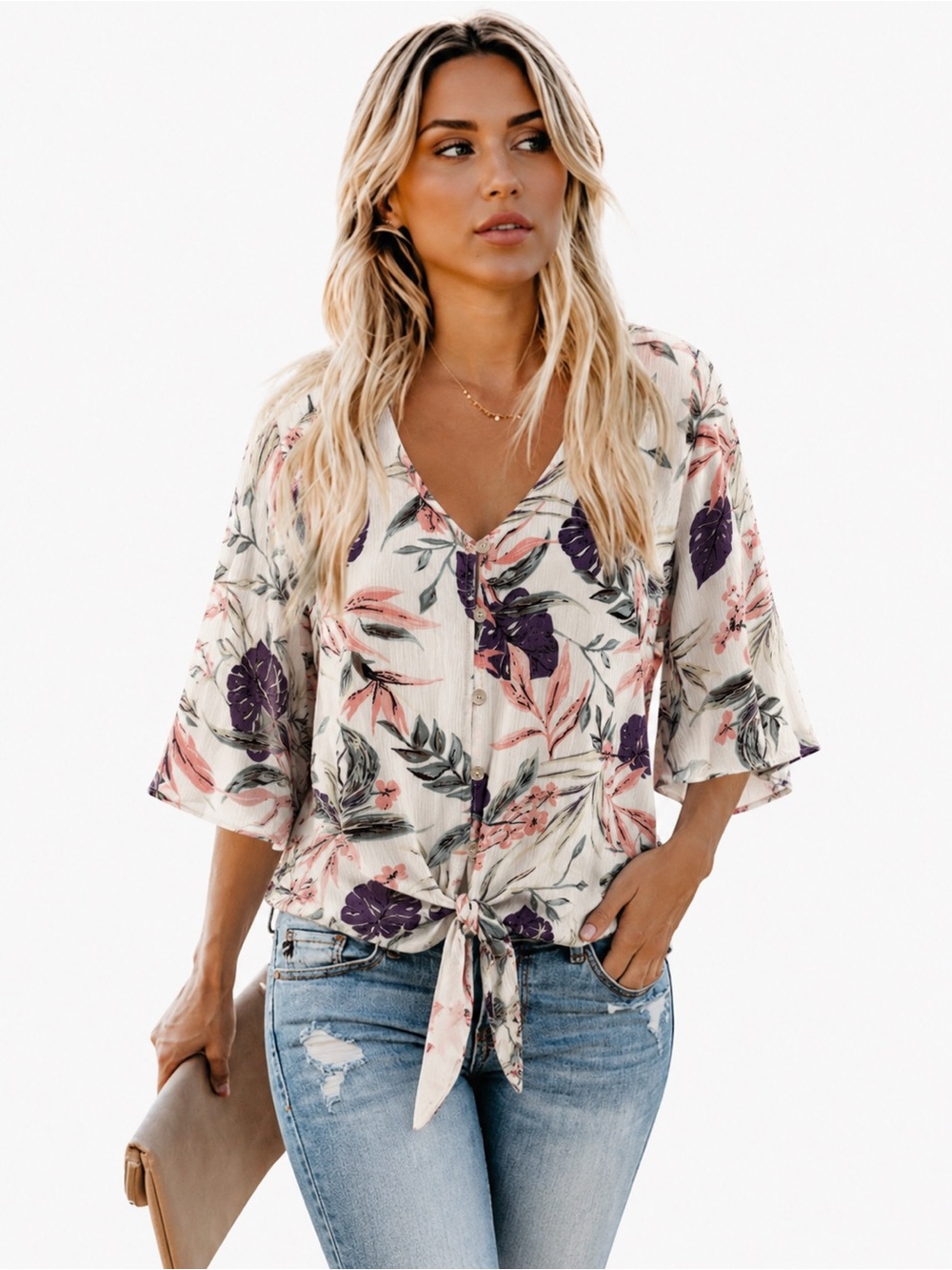 Floral Tie-Front V-Neck Bell Sleeve Blouse ✨NWOT